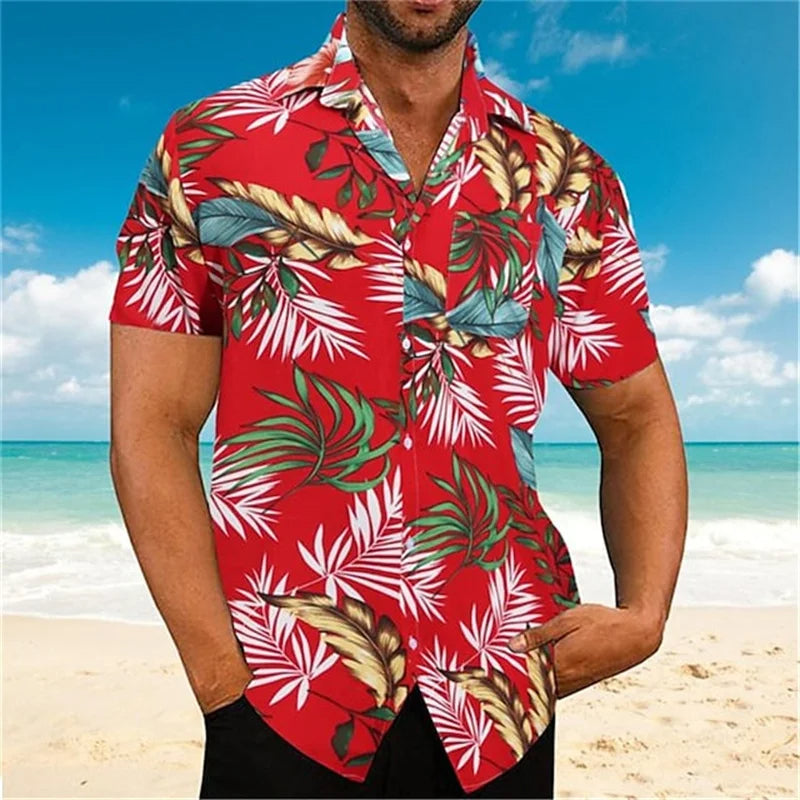 Stylish Oversized Cuban Collar Shirt with Floral Print-Red-2XL-State of Style