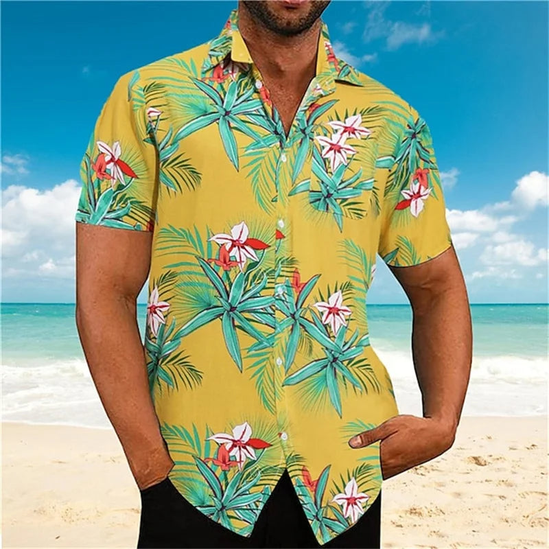 Stylish Oversized Cuban Collar Shirt with Floral Print-Yellow-2XL-State of Style