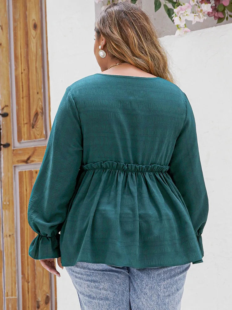 Stylish Plus-Size Peplum Top with Ruffle Detailing-Hippie Blue-2XL-State of Style