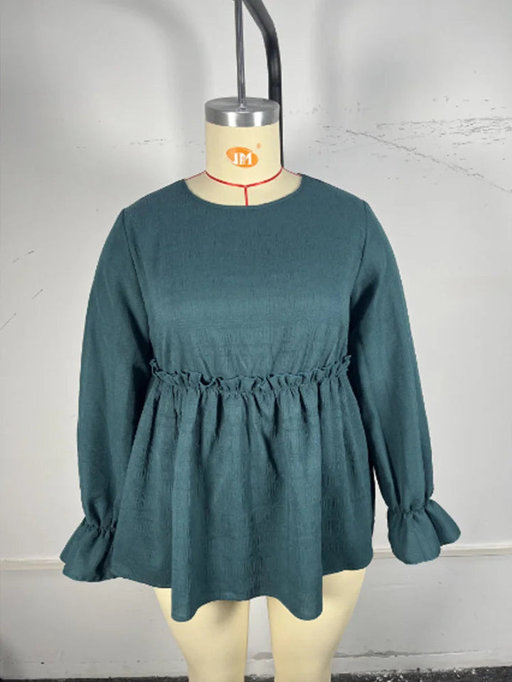 Stylish Plus-Size Peplum Top with Ruffle Detailing-Hippie Blue-2XL-State of Style