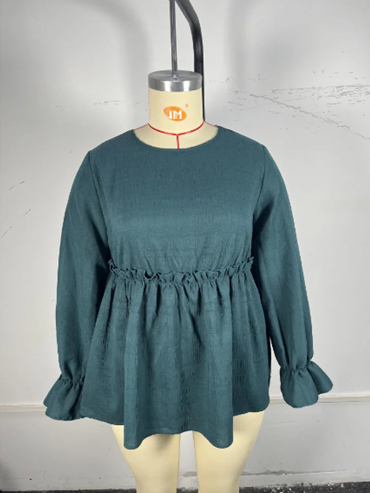 Stylish Plus-Size Peplum Top with Ruffle Detailing-Hippie Blue-2XL-State of Style