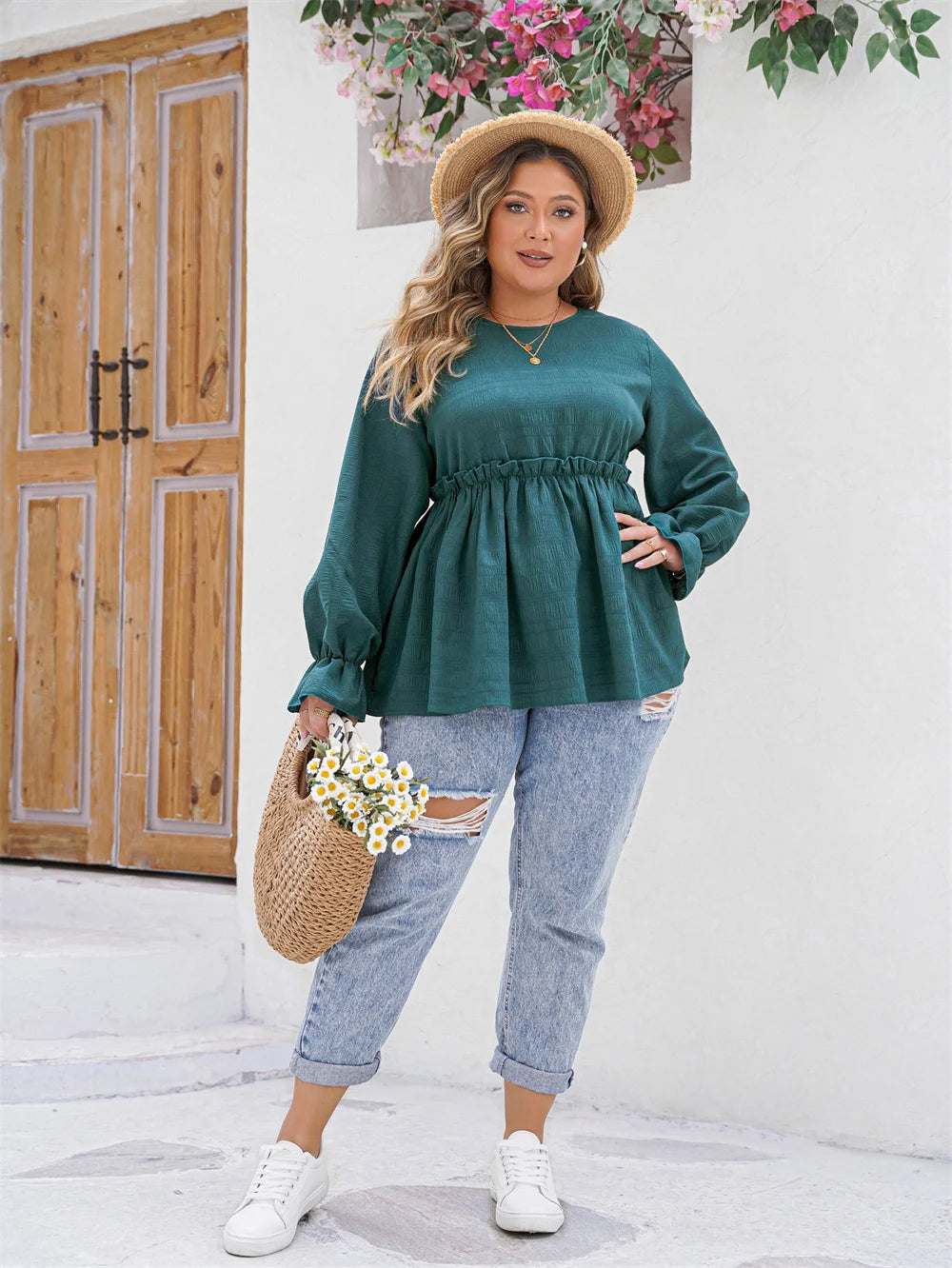 Stylish Plus-Size Peplum Top with Ruffle Detailing-Hippie Blue-2XL-State of Style