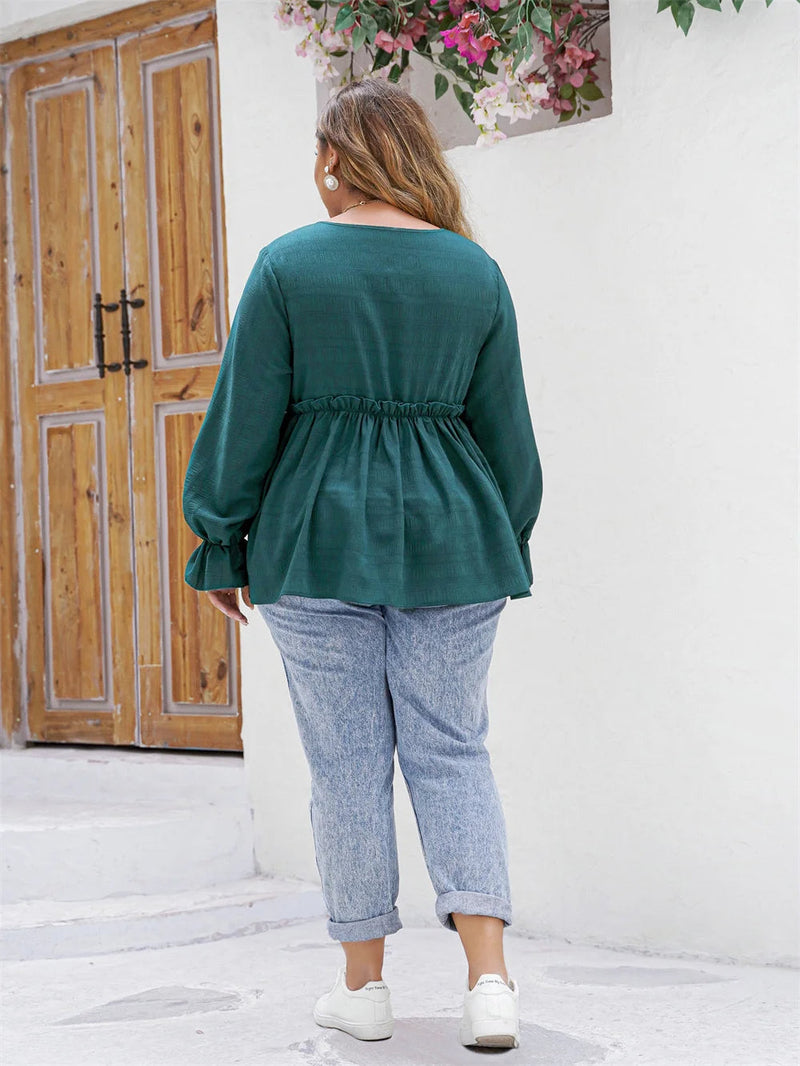 Stylish Plus-Size Peplum Top with Ruffle Detailing-Hippie Blue-2XL-State of Style