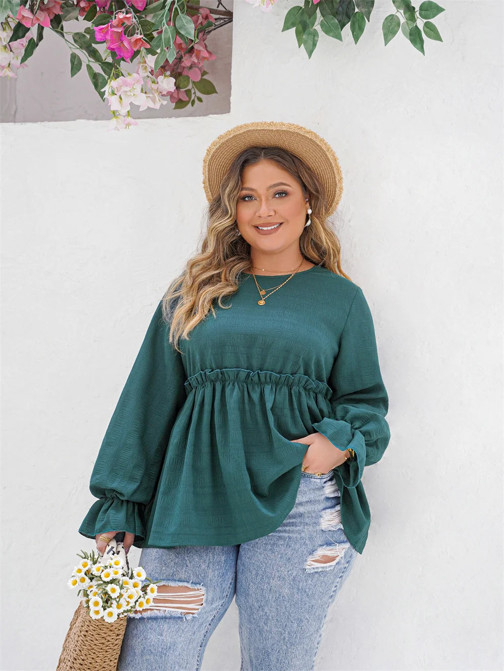 Stylish Plus-Size Peplum Top with Ruffle Detailing-Hippie Blue-2XL-State of Style