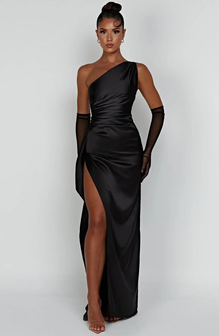 Stylish Satin Dress with Pleats and Shoulder Detail - Selene-Black-XS-State of Style