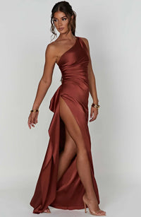 Stylish Satin Dress with Pleats and Shoulder Detail - Selene-Dark Pink-XS-State of Style