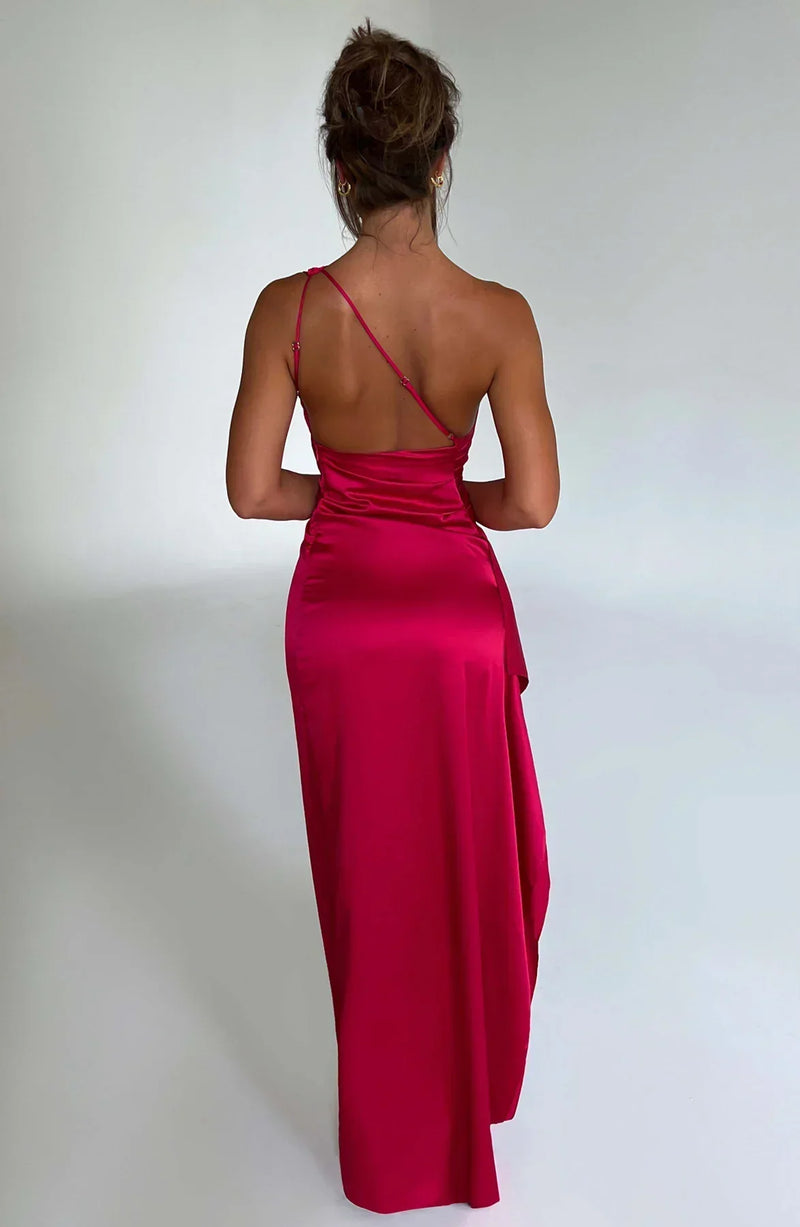 Stylish Satin Dress with Pleats and Shoulder Detail - Selene-Red-XS-State of Style