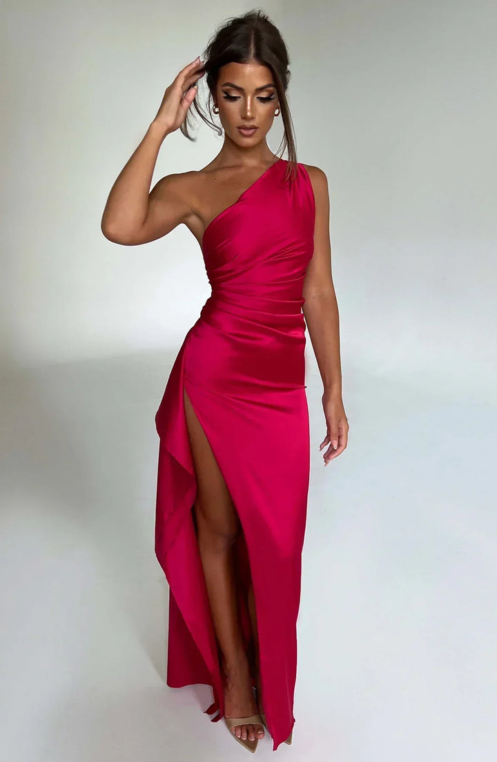 Stylish Satin Dress with Pleats and Shoulder Detail - Selene-Red-XS-State of Style