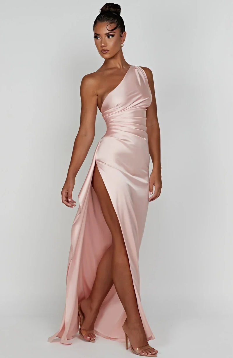 Stylish Satin Dress with Pleats and Shoulder Detail - Selene-Red-XS-State of Style