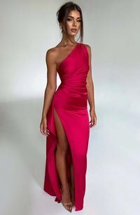Stylish Satin Dress with Pleats and Shoulder Detail - Selene-Red-XS-State of Style