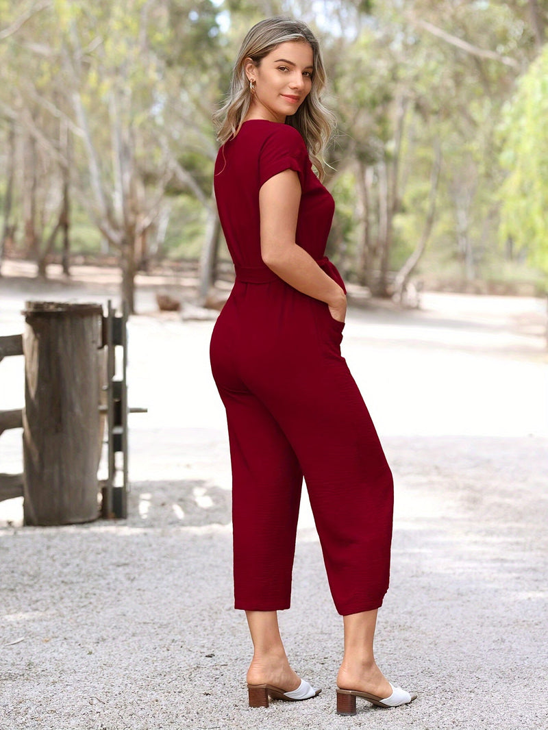 Stylish short-sleeved jumpsuit with button placket and waist belt - AirVibe-Orange-S-State of Style