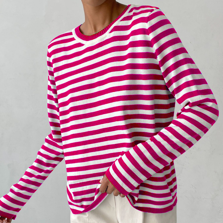 Stylish Striped T-Shirt Made from Lightweight Fabric - Color Stripes-Coral Red-S-State of Style
