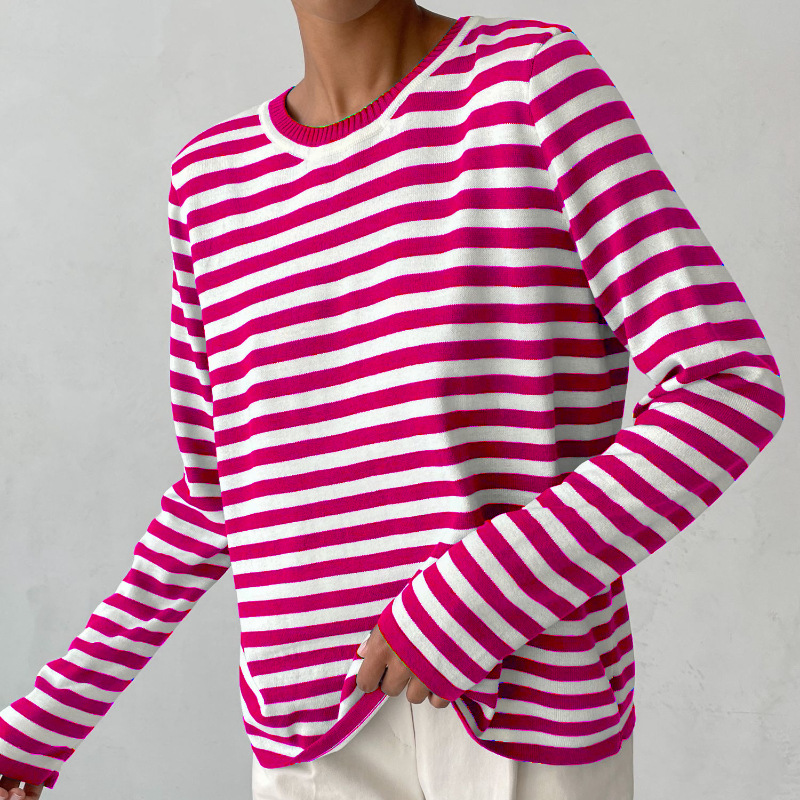 Stylish Striped T-Shirt Made from Lightweight Fabric - Color Stripes-Coral Red-S-State of Style