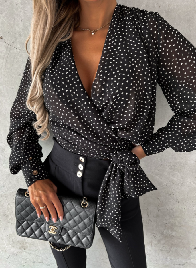 Stylish V-Neck Blouse with Puffed Sleeves - Mireille-Bubbles-S-State of Style