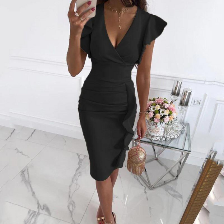 Stylish V-Neck Dress with Pleated Sleeves - Maud-Black-S-State of Style