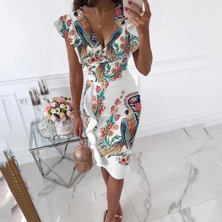Stylish V-Neck Dress with Pleated Sleeves - Maud-White Blue-S-State of Style