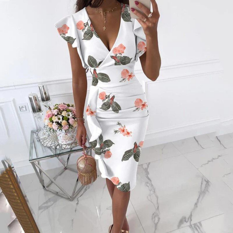 Stylish V-Neck Dress with Pleated Sleeves - Maud-White Orange-S-State of Style