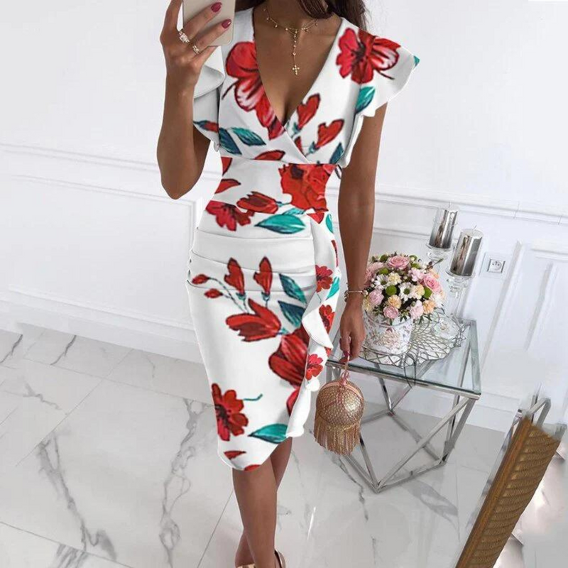 Stylish V-Neck Dress with Pleated Sleeves - Maud-White Red-S-State of Style