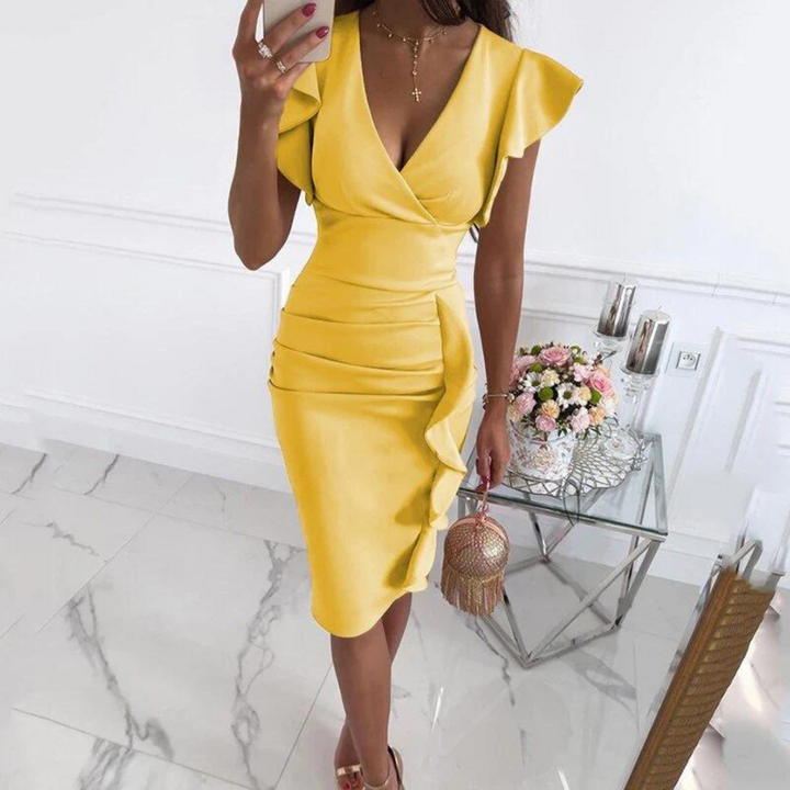Stylish V-Neck Dress with Pleated Sleeves - Maud-Yellow-S-State of Style