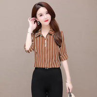 Stylish women's chiffon blouse with buttons & fold-over collar – Fenya-Khaki-L-State of Style