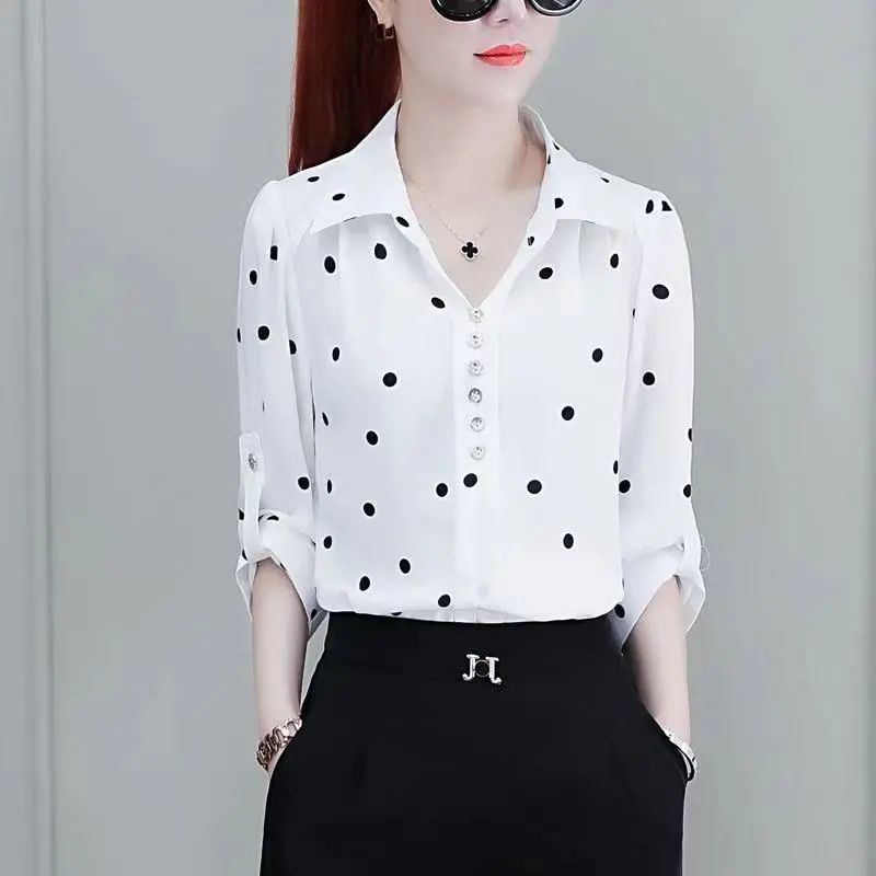 Stylish women's chiffon blouse with buttons & fold-over collar – Fenya-White-L-State of Style