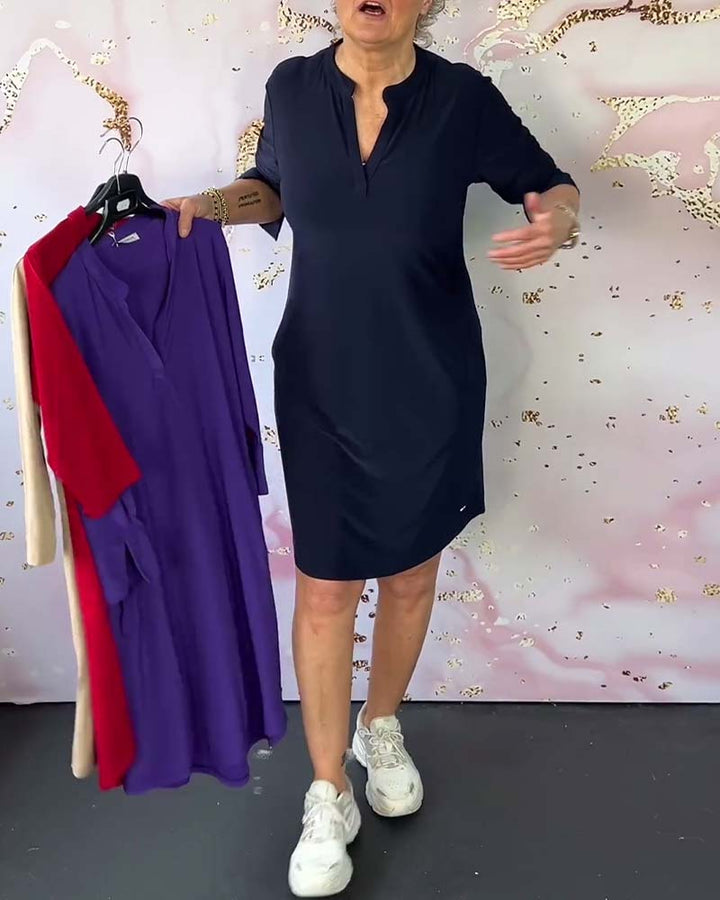 Stylish women's midi dress with V-neck and convertible sleeves – Naria-Navy blue-S-State of Style