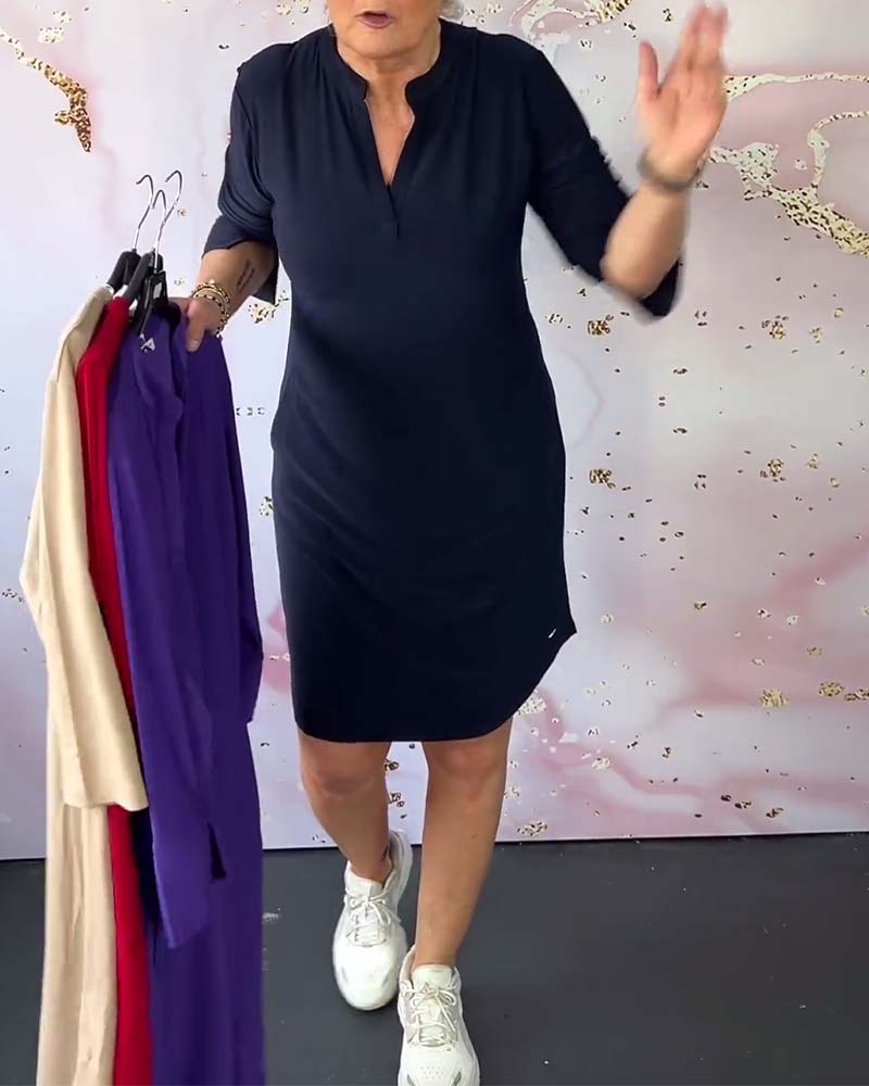 Stylish women's midi dress with V-neck and convertible sleeves – Naria-Navy blue-S-State of Style