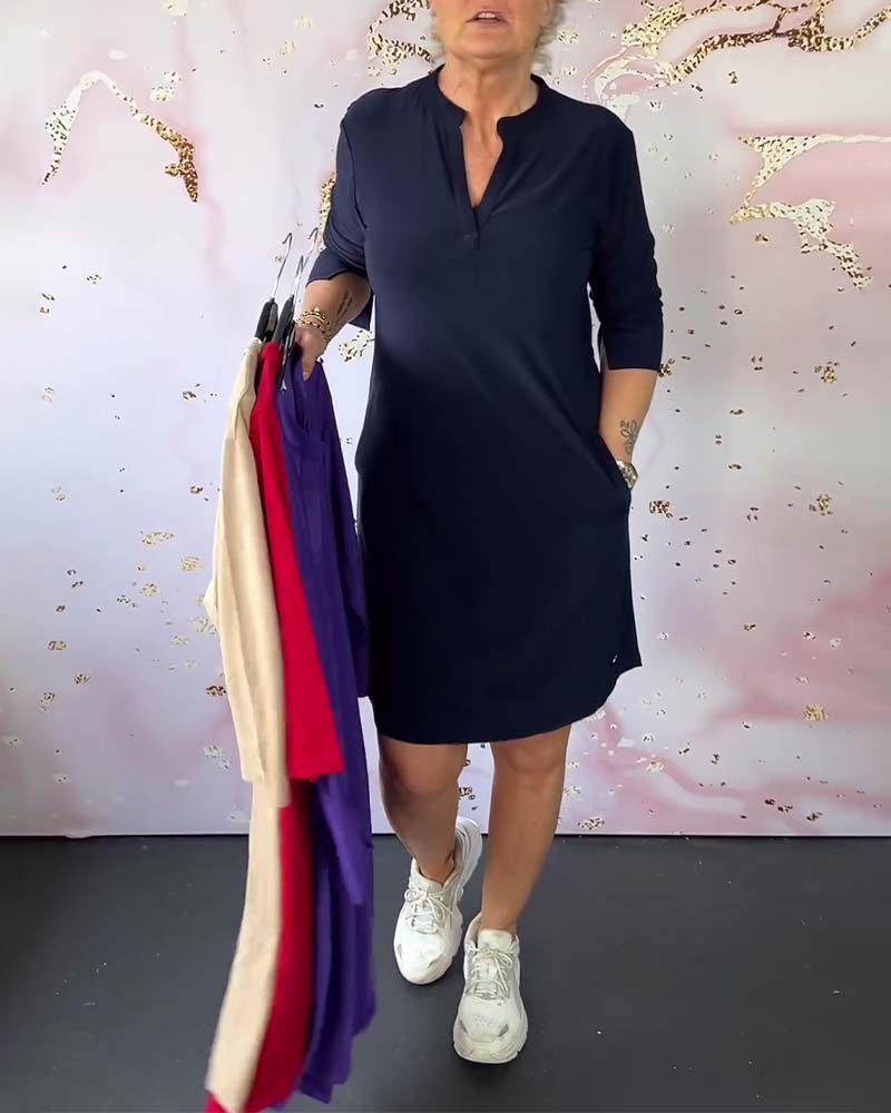 Stylish women's midi dress with V-neck and convertible sleeves – Naria-Navy blue-S-State of Style