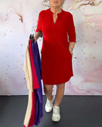 Stylish women's midi dress with V-neck and convertible sleeves – Naria-Red-S-State of Style