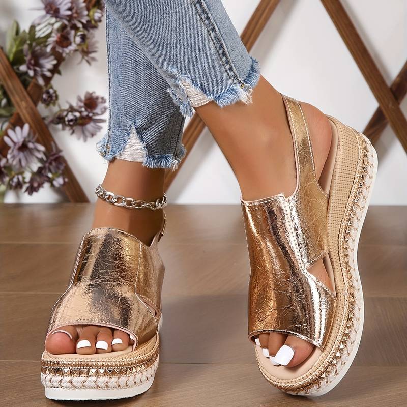 Stylish women's orthopedic summer shoes with wedge heel & fringe – Tilda-3.5-Gold-State of Style