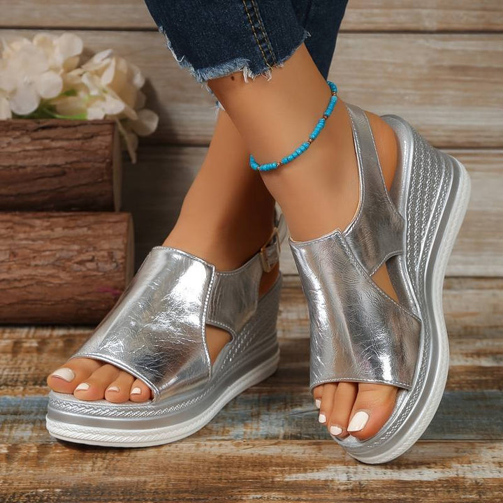 Stylish women's orthopedic summer shoes with wedge heel & fringe – Tilda-3.5-Silver-State of Style