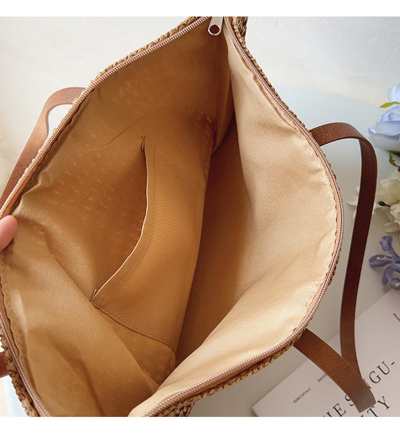 SummerBreeze Tote - Woven Rattan Bag with Leather Straps-Brown-State of Style