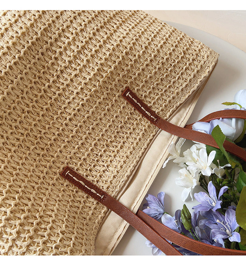 SummerBreeze Tote - Woven Rattan Bag with Leather Straps-Brown-State of Style