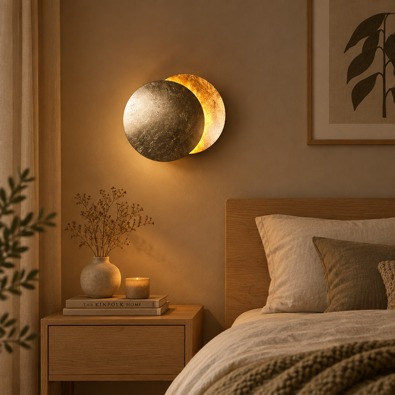 Lit two-disc wall lamp with a hammered metallic front above a wooden bedside table in a cosy bedroom 1