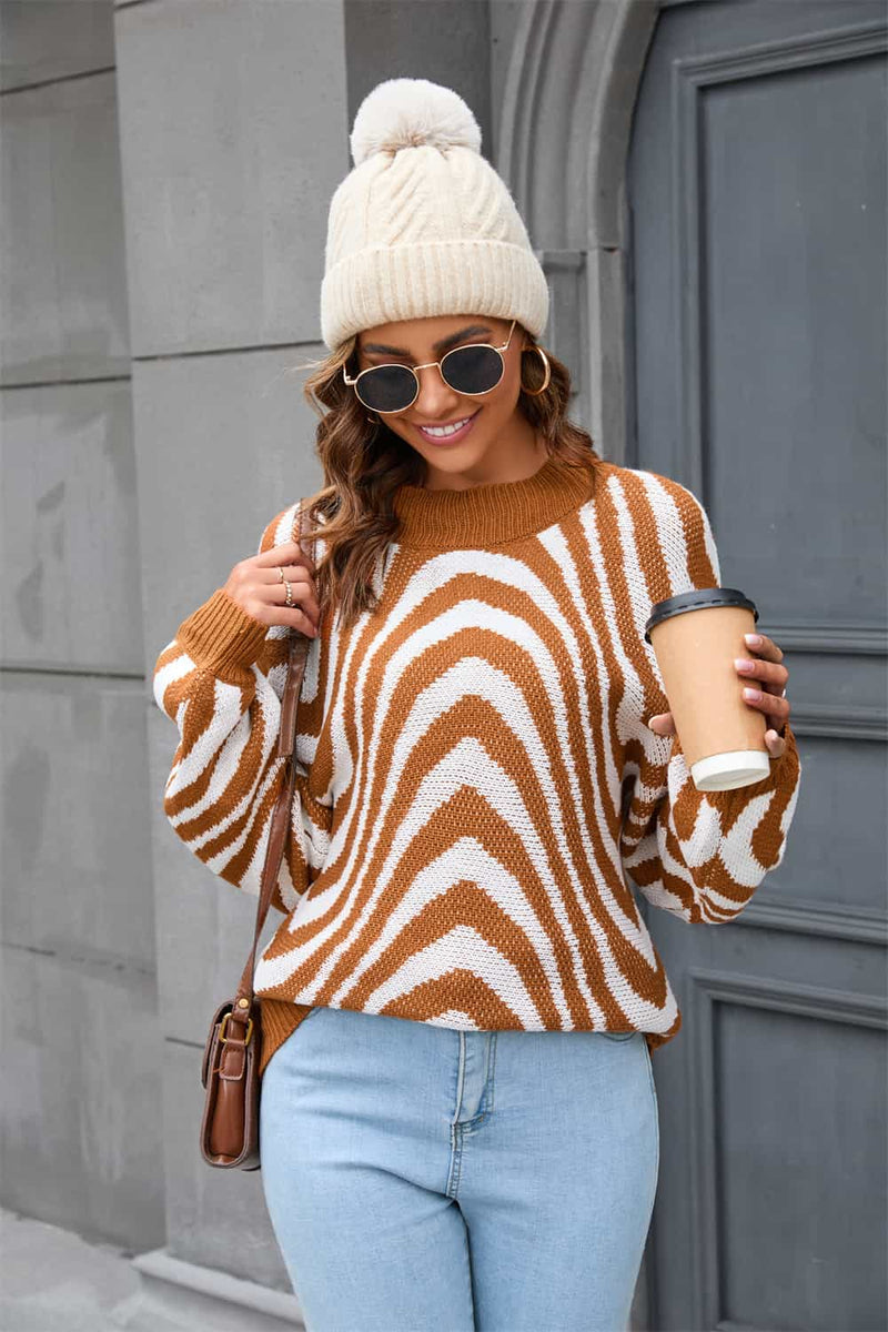 Sweater with Round Neck and Print - Azure-Caramel-S-State of Style
