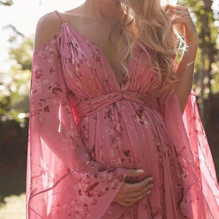 Swinging Pink Chiffon Dress with Flared Sleeves - Isabelle-S-State of Style