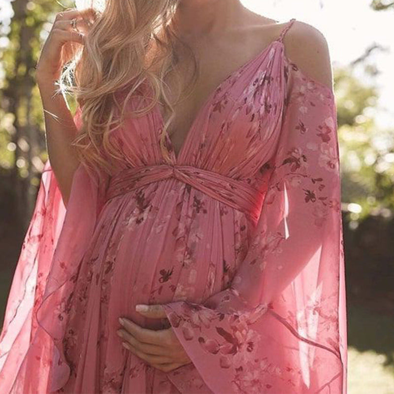Swinging Pink Chiffon Dress with Flared Sleeves - Isabelle-S-State of Style
