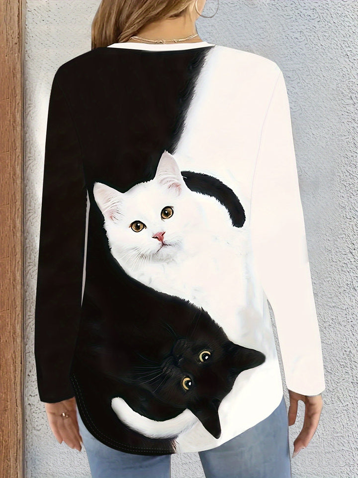 T-shirt with Cat Print and Trendy Colour Blocks - Marit-S-State of Style
