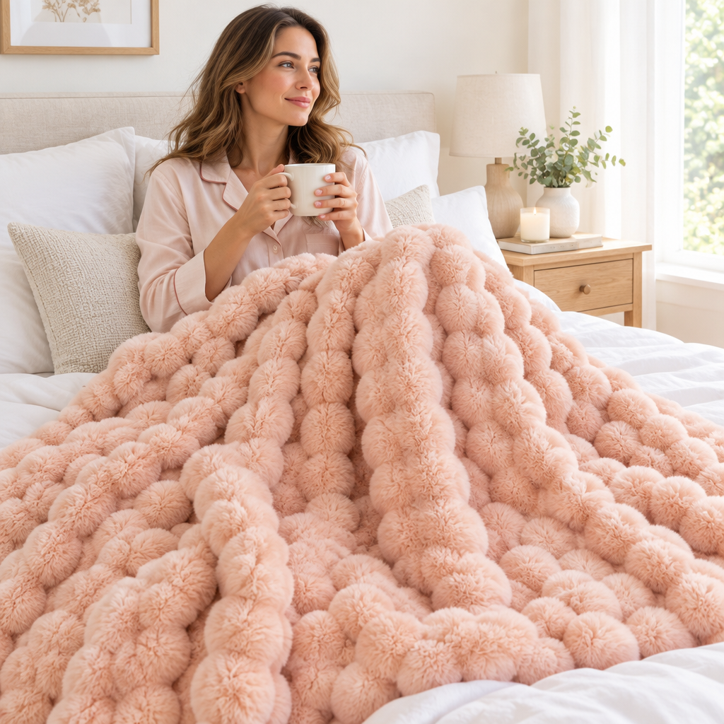 Woman in pink pyjamas sits up in bed holding a mug, a blush pink bubble-textured blanket across her lap 1