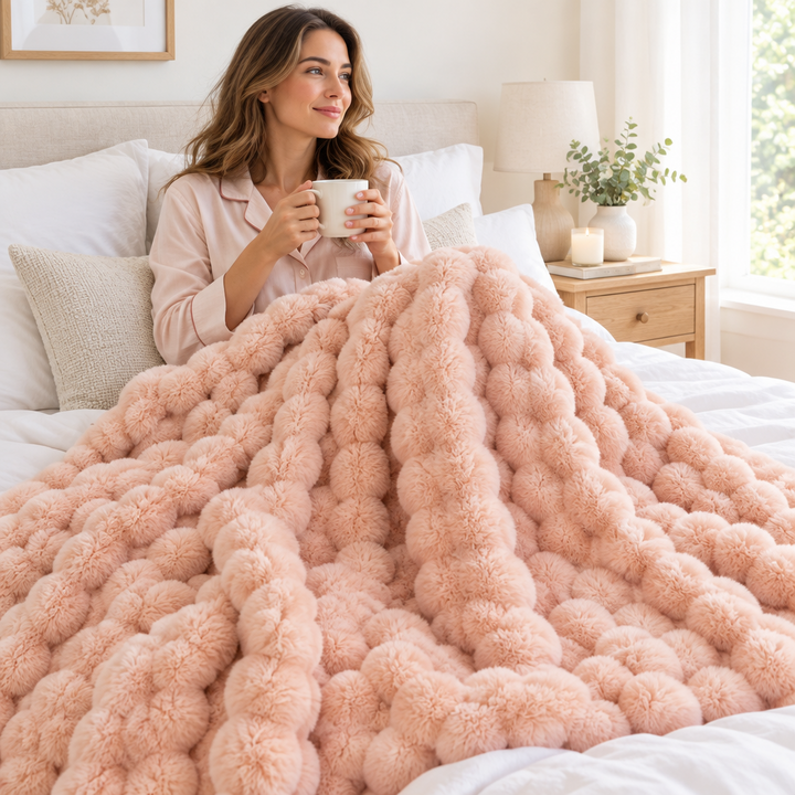 Woman in pink pyjamas sits up in bed holding a mug, a blush pink bubble-textured blanket across her lap 1