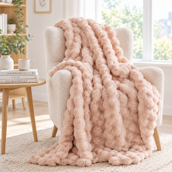 Blush pink bubble-textured blanket draped over a boucle armchair by a window, trailing onto the rug 15