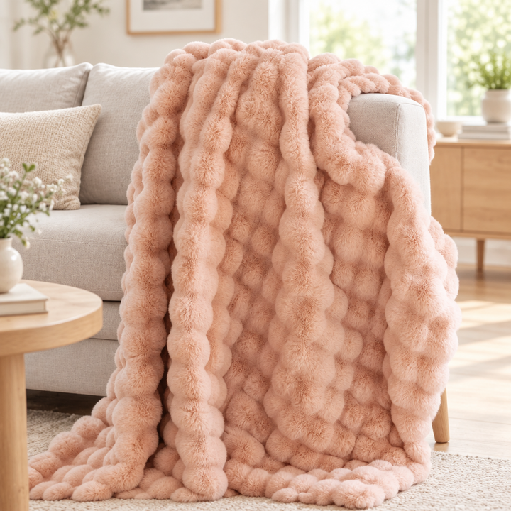 Peach-pink bubble-textured plush blanket draped over a grey sofa arm, with a small vase of white flowers nearby 14