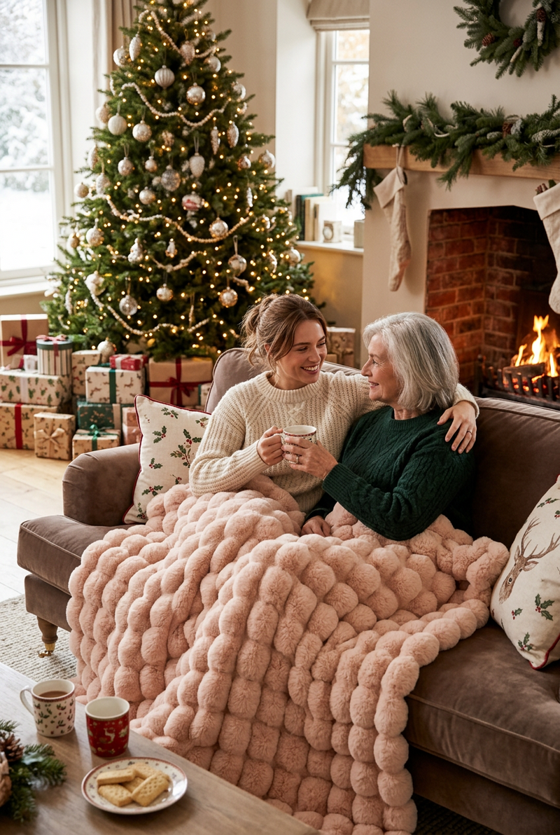 Two women share a soft pink pom-pom textured throw on a sofa by a Christmas tree 1