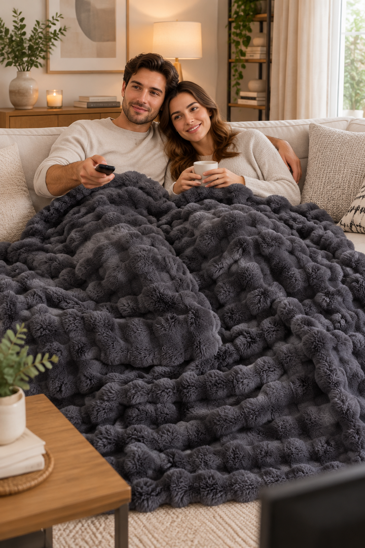 Couple on a sofa watching television under a textured dark grey plush blanket, one holding a mug 1