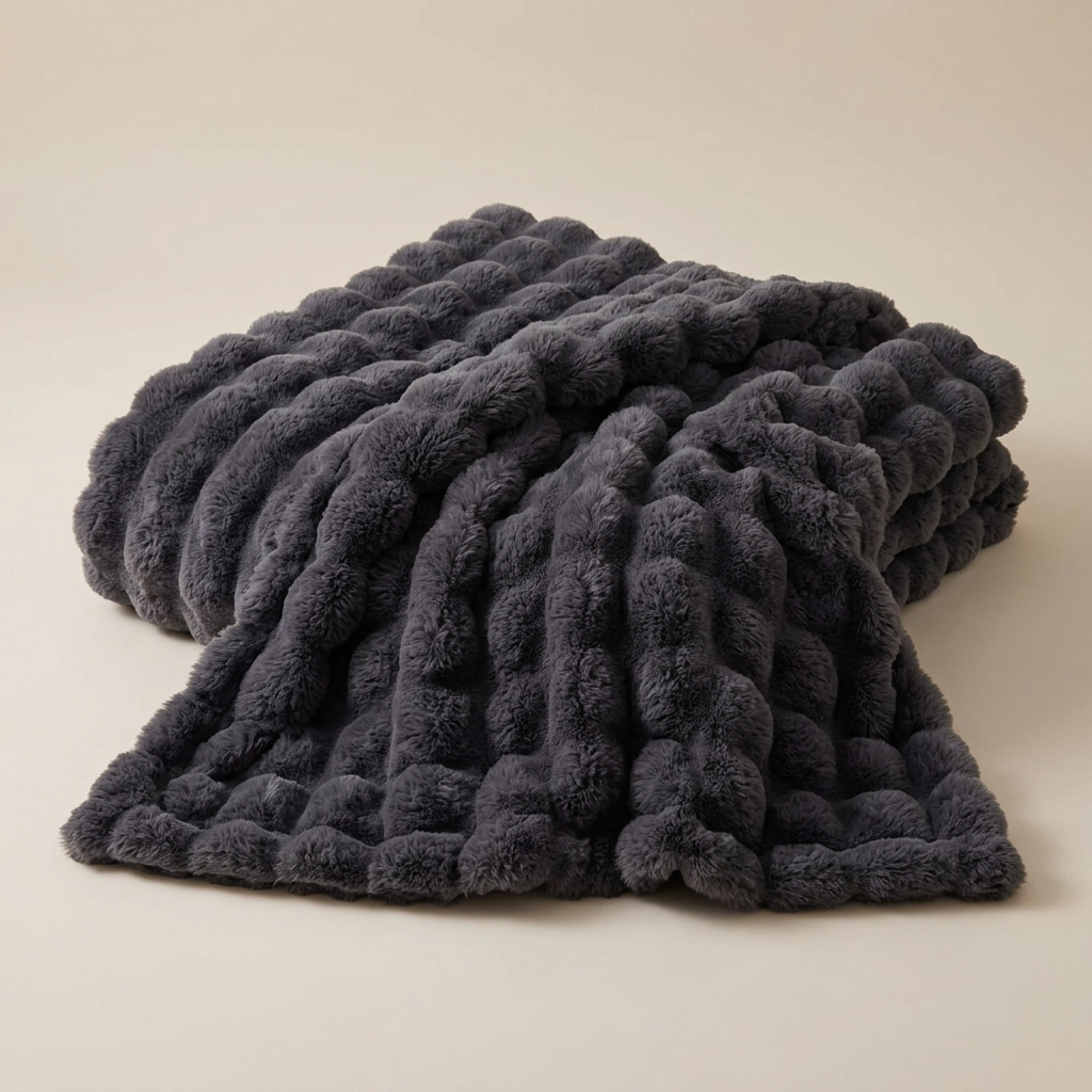 Dark grey fluffy blanket with a raised bubble texture, draped in soft folds on a plain background 14