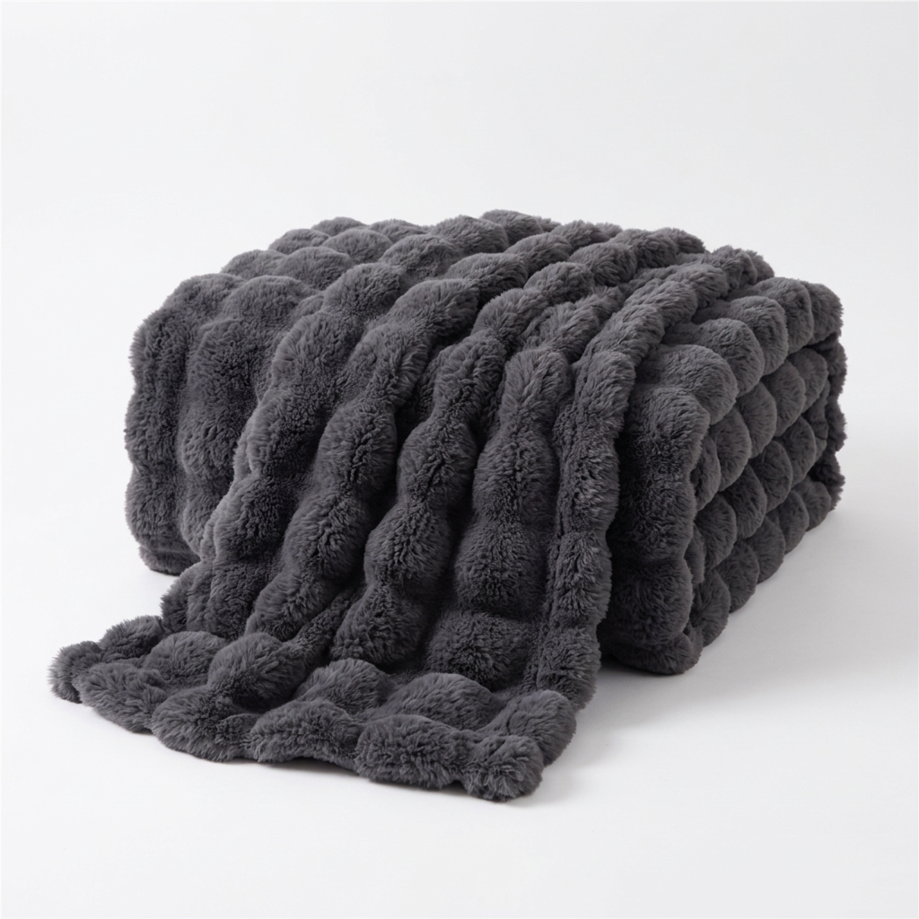 Dark grey bubble-textured throw folded and draped on a plain white background 14