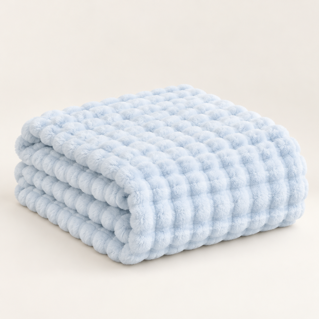 Light blue plush blanket folded in a stack with fine, soft bubble texture on a light background 17