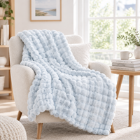 Pale blue bubble-textured blanket draped over an armchair in a sunny room beside a side table 17