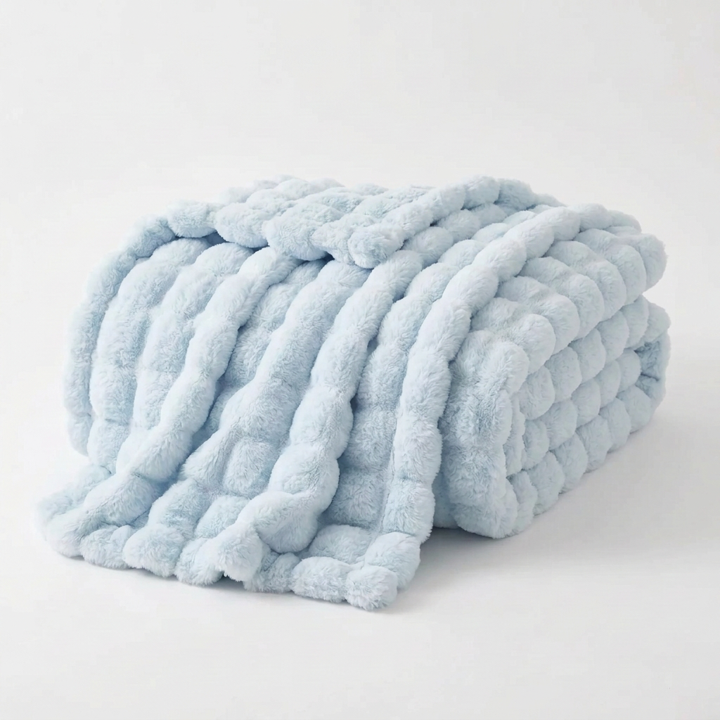Pale blue bubble-textured throw folded and draped on a plain white background 13