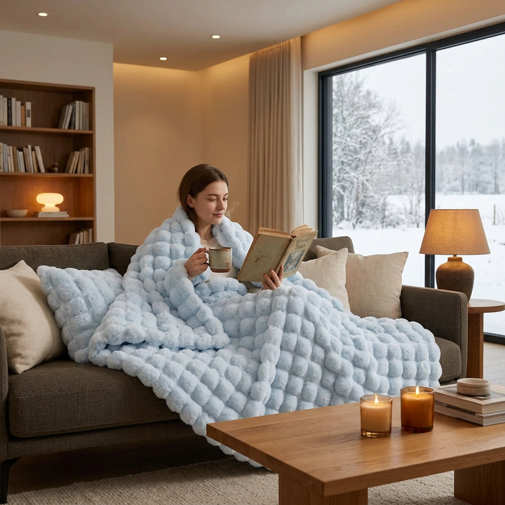 Woman reading and sipping tea on a sofa, wrapped in a pale blue bubble-textured fluffy throw 1